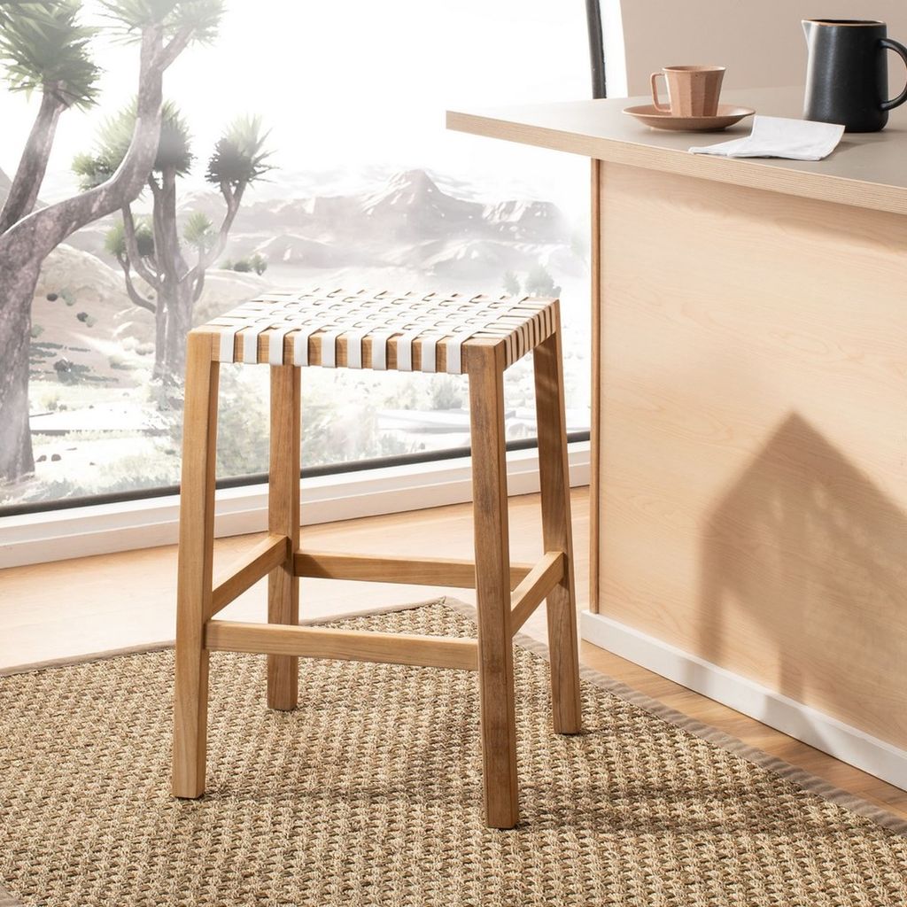 Capri Counter Stool, 20" X 27.1", Natural Teak/White Leather
