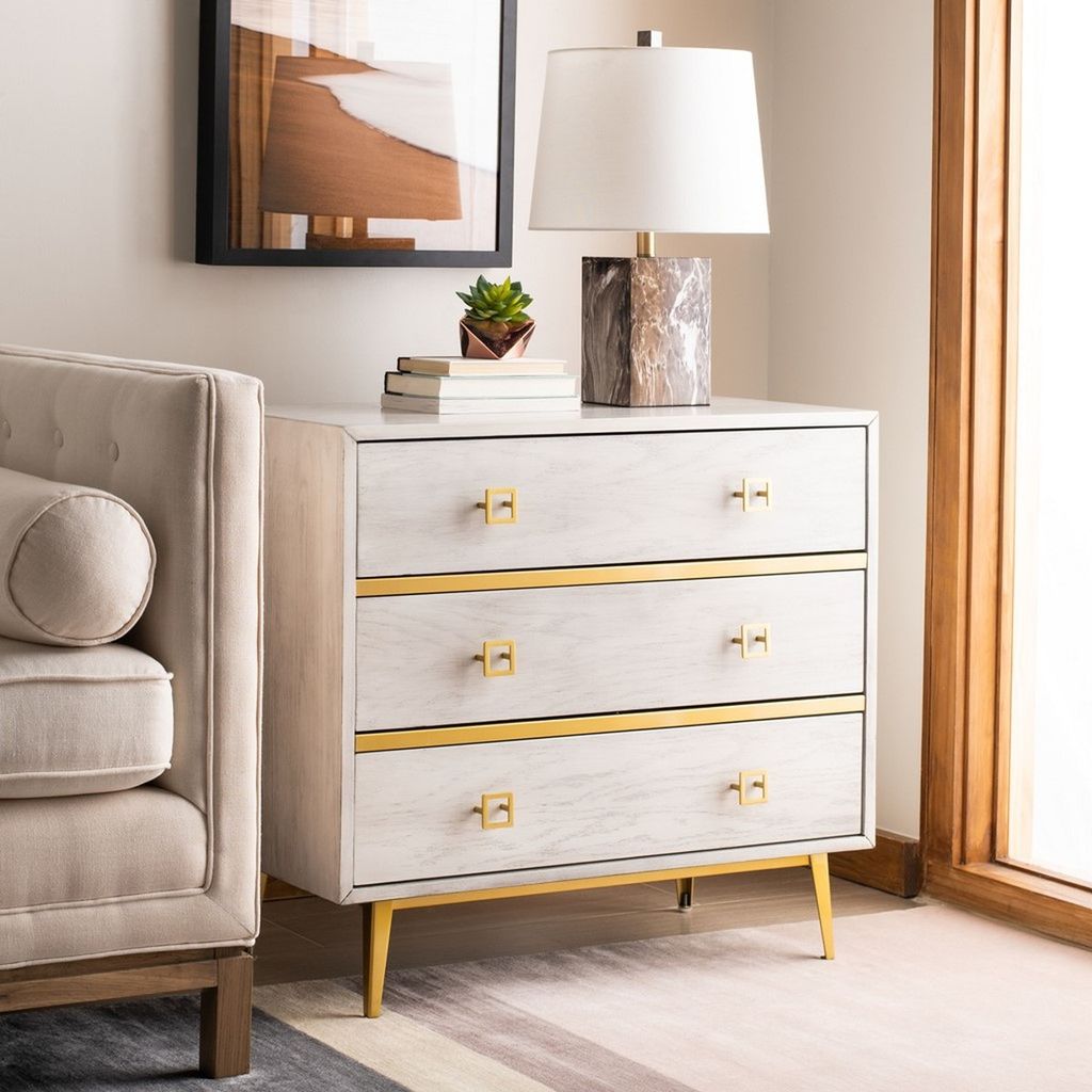 Katia 3 Drawer Chest, 31.9" X 29", White Wash/Gold