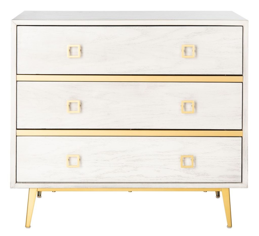 Katia 3 Drawer Chest, 31.9" X 29", White Wash/Gold