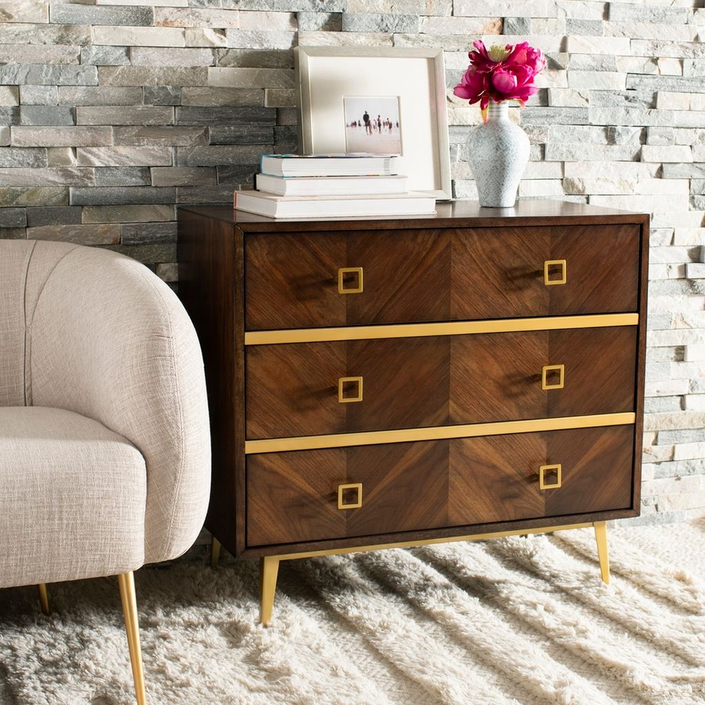 Katia 3 Drawer Chest, 31.9" X 29", Walnut/Gold, Parquet Finish