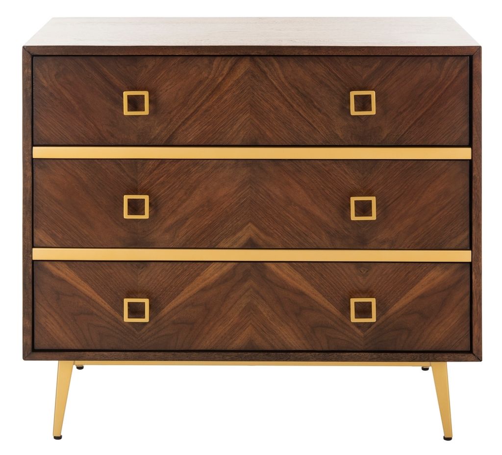 Katia 3 Drawer Chest, 31.9" X 29", Walnut/Gold, Parquet Finish