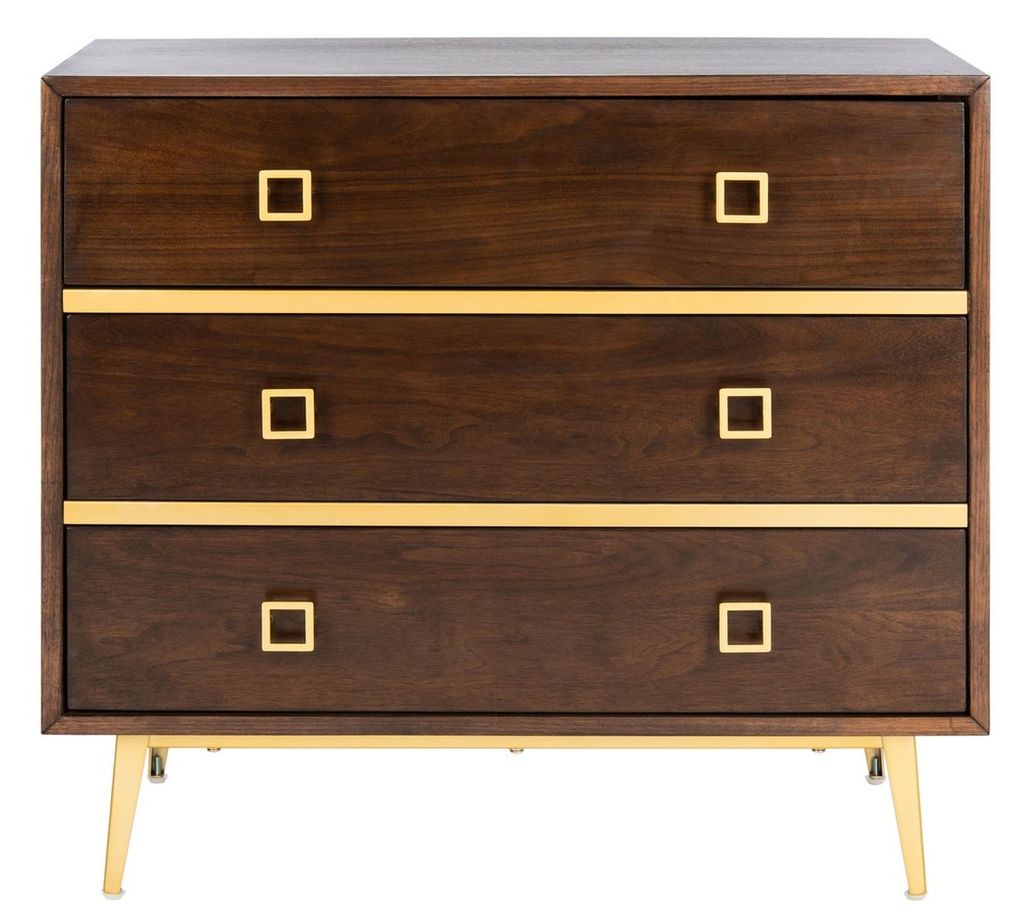 Katia 3 Drawer Chest, 31.9" X 29", Walnut/Gold