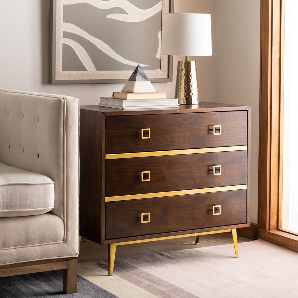 Katia 3 Drawer Chest, 31.9" X 29", Walnut/Gold