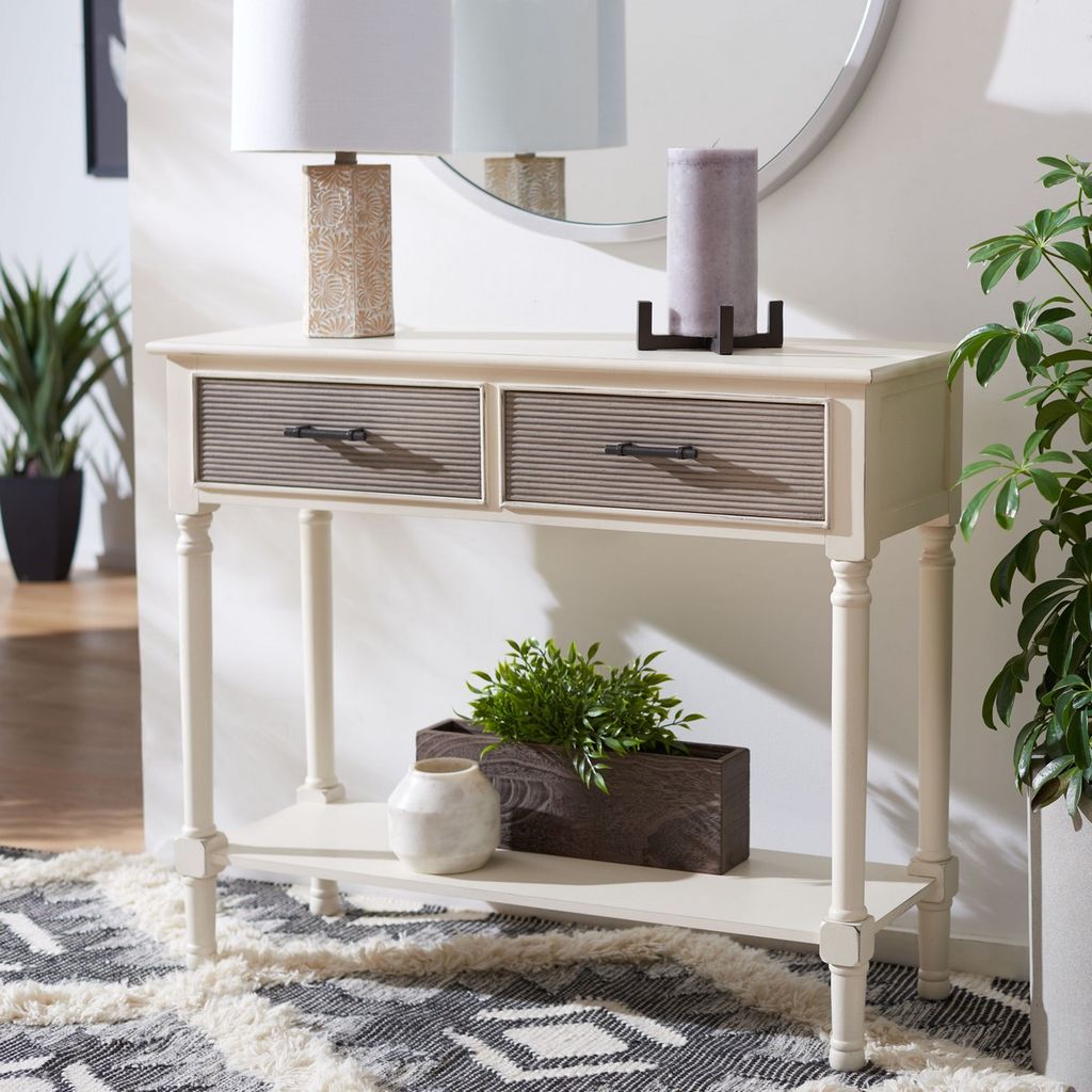 2-Drawer Console Table, Distressed White/Greige