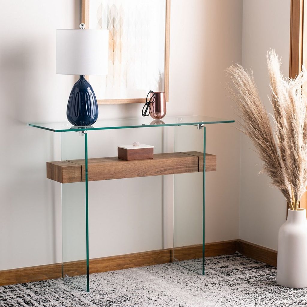 Safavieh Kayley Console Table Glass + Natural Brown Shelf