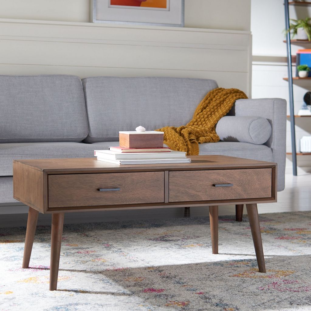 Mozart Mid Century 2 Drawer Coffee Table, 37.75" X 17.75", Brown