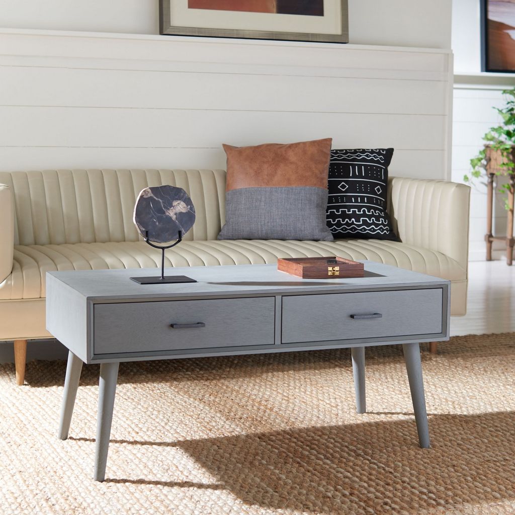 Mozart Mid Century 2 Drawer Coffee Table, 37.75" X 17.75", Distressed Grey