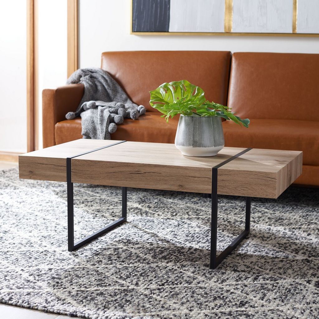 Tristan Rectangular Modern Coffee Table, 43.3" X 15.7", Natural/Black Metal Legs