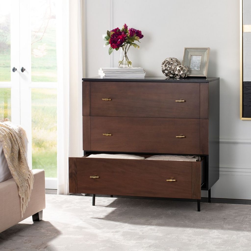 Genevieve 3 Drawer Dresser, 36" X 36", Walnut/Black/Gold