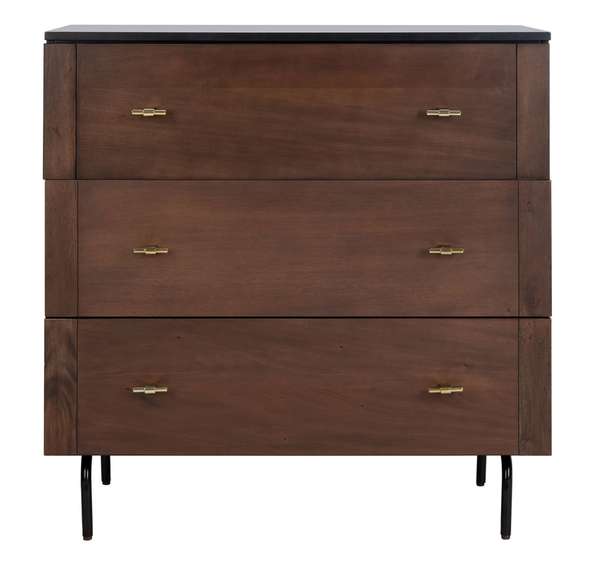 Genevieve 3 Drawer Dresser, Walnut/Black/Gold (36" X 36")