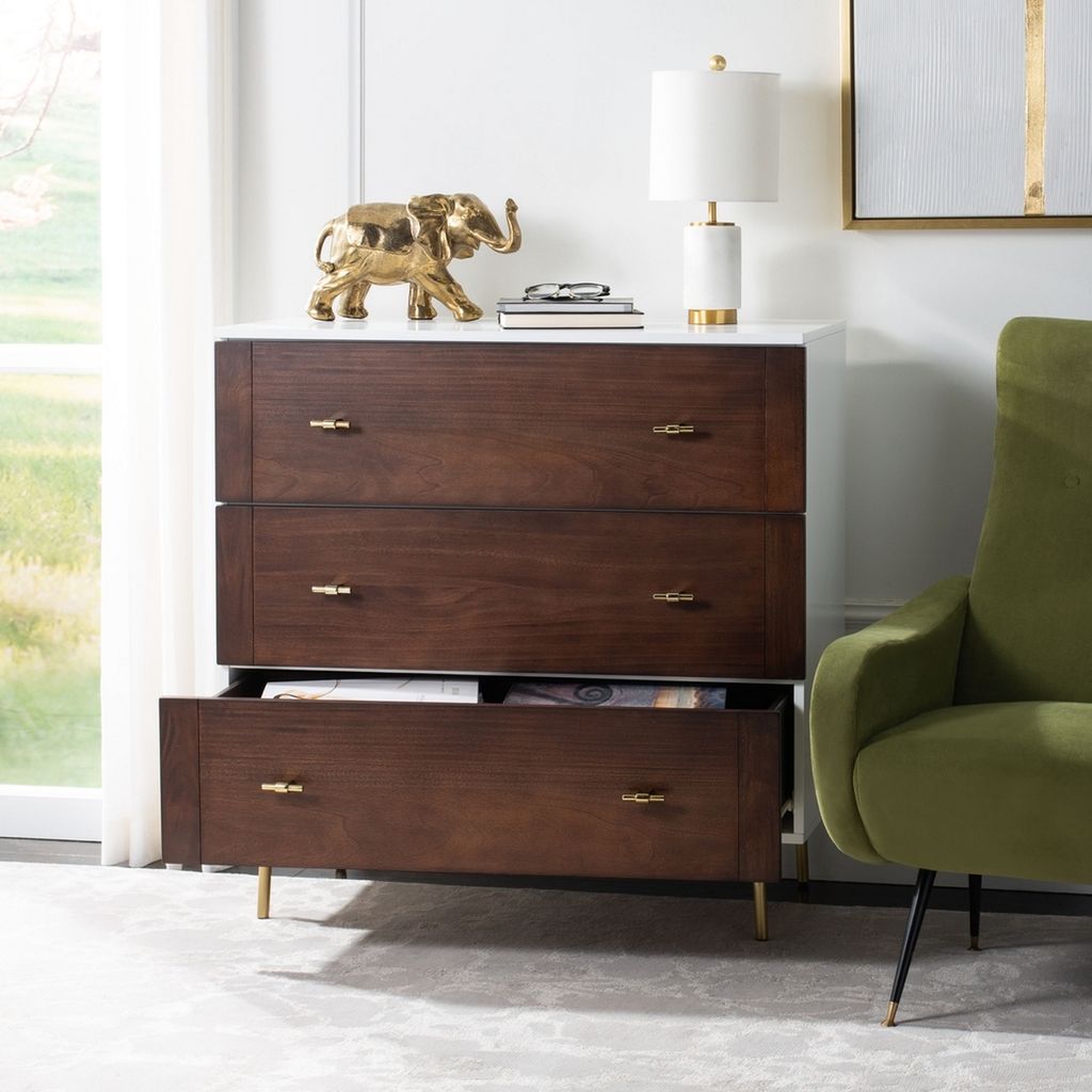 Genevieve 3 Drawer Dresser, White/Walnut/Gold (36" X 36")