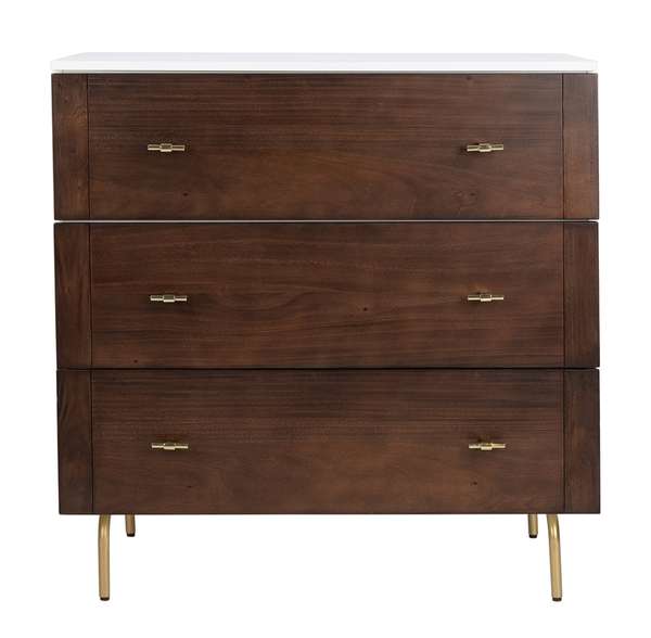 Genevieve 3 Drawer Dresser, White/Walnut/Gold (36" X 36")