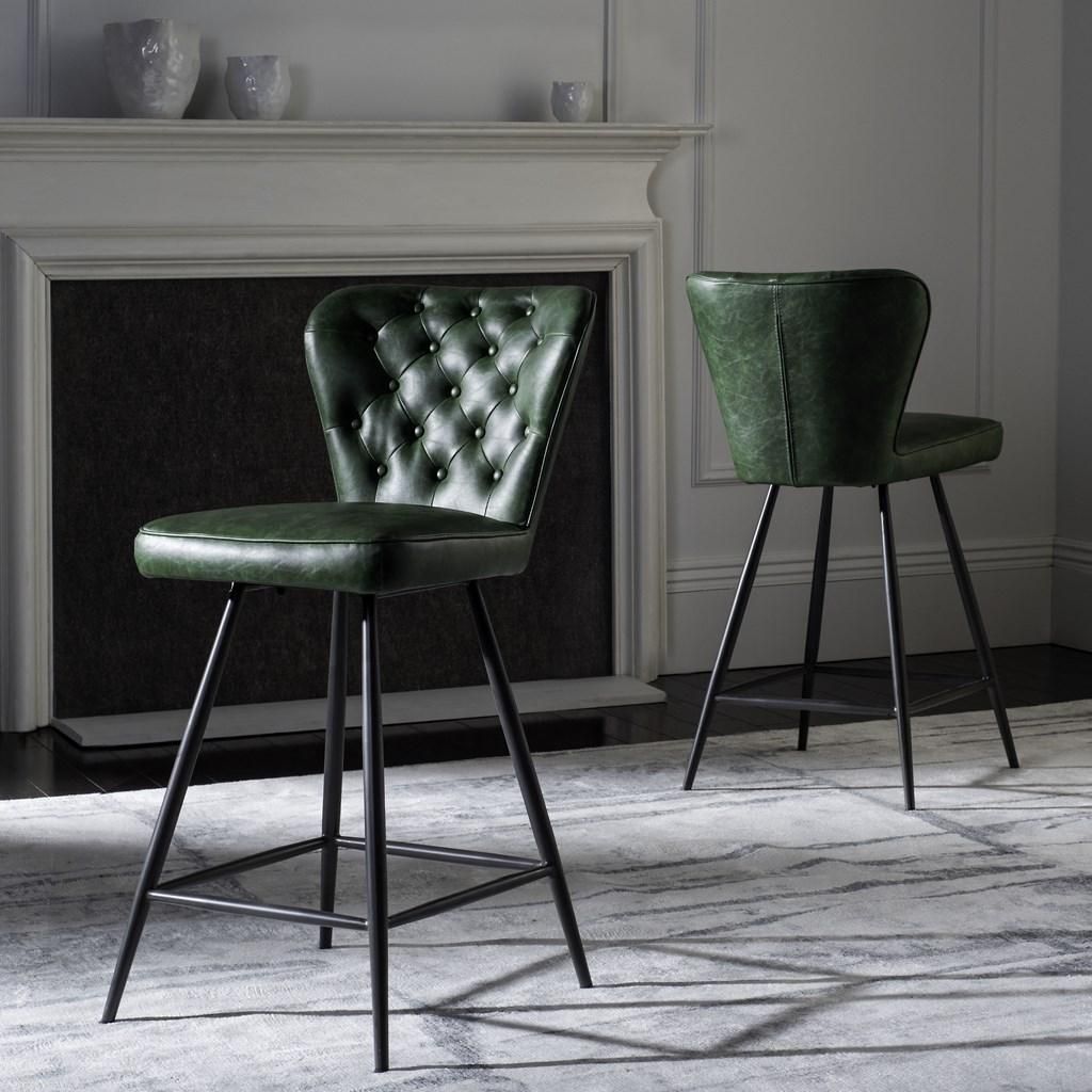 Ashby 26"H Mid Century Modern Leather Tufted Swivel Counter Stool, 16.9" X 37", Green, Set Of 2