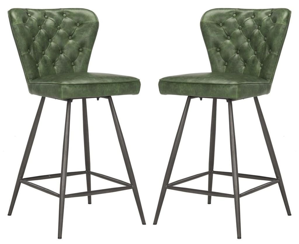 Preview image for Ashby 26"H Mid Century Modern Leather Tufted Swivel Counter Stool, 16.9" X 37", Green, Set Of 2