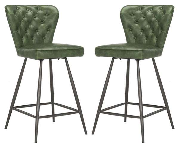 Ashby 26"H Mid Century Modern Leather Tufted Swivel Counter Stool, 16.9" X 37", Green, Set Of 2