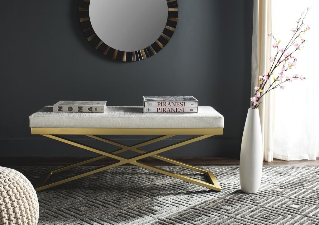 Acra Bench, 43.2" X 18", White Crocodile/Gold