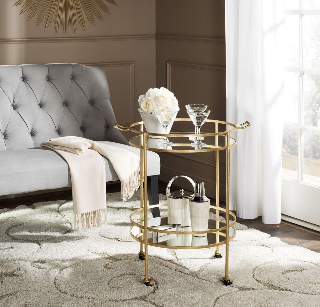 Gold Round Bar Cart with Mirror