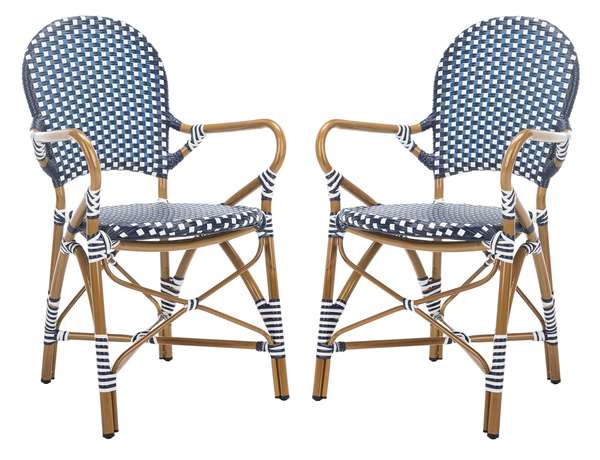 Hooper Indoor-Outdoor Stacking Arm Chair, 20.8" X 35", Navy/White/Light Brown, Set Of 2