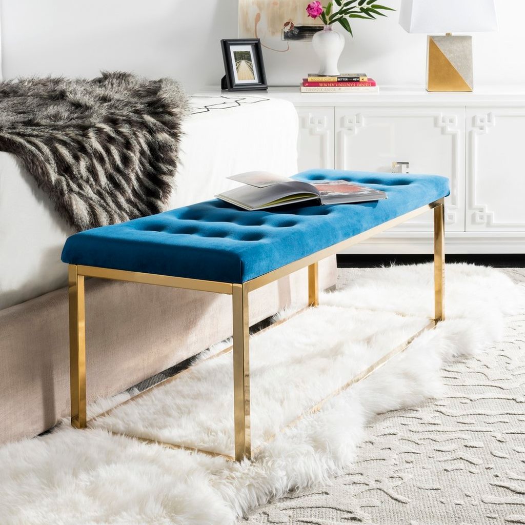 Reynolds Velvet Bench, 48" X 19", Navy Velvet/Brass