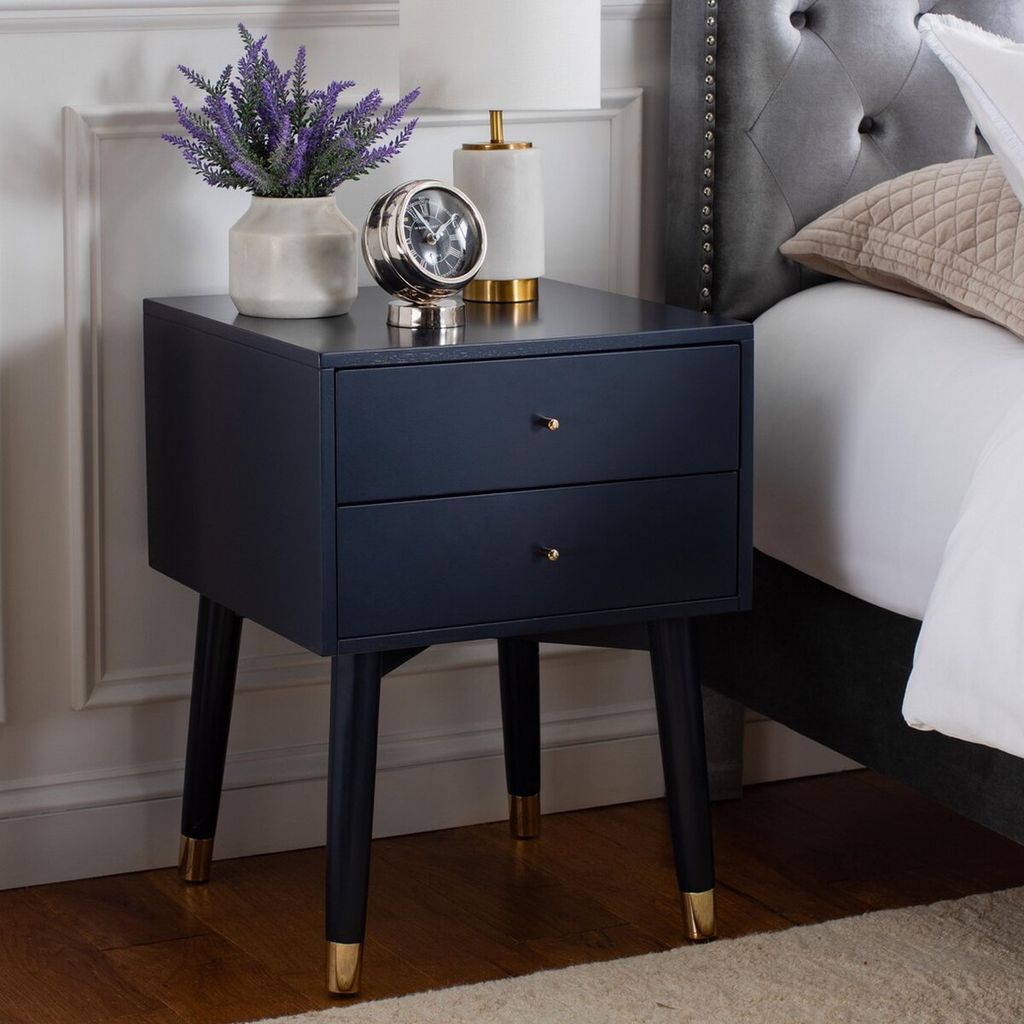 Lyla Mid Century Retro Gold Cap Nightstand, 18" X 24", Navy/Gold