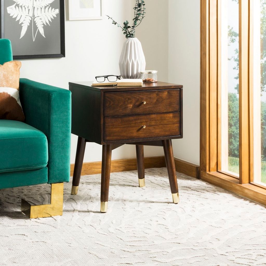 Lyla Mid Century Retro Silver Cap Nightstand, 18" X 24", Walnut/Gold