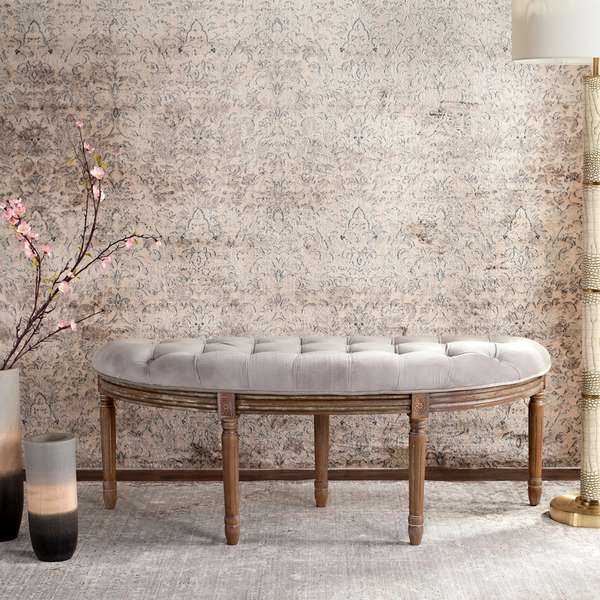 Abilene Tufted Rustic Semi Circle Bench, 50" X 19.3", Grey Velvet/Rustic Oak