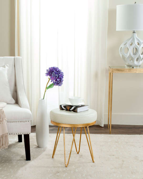 Jenine Faux Ostrich Round Bench, 16" X 17.75", Cream Pu/Gold