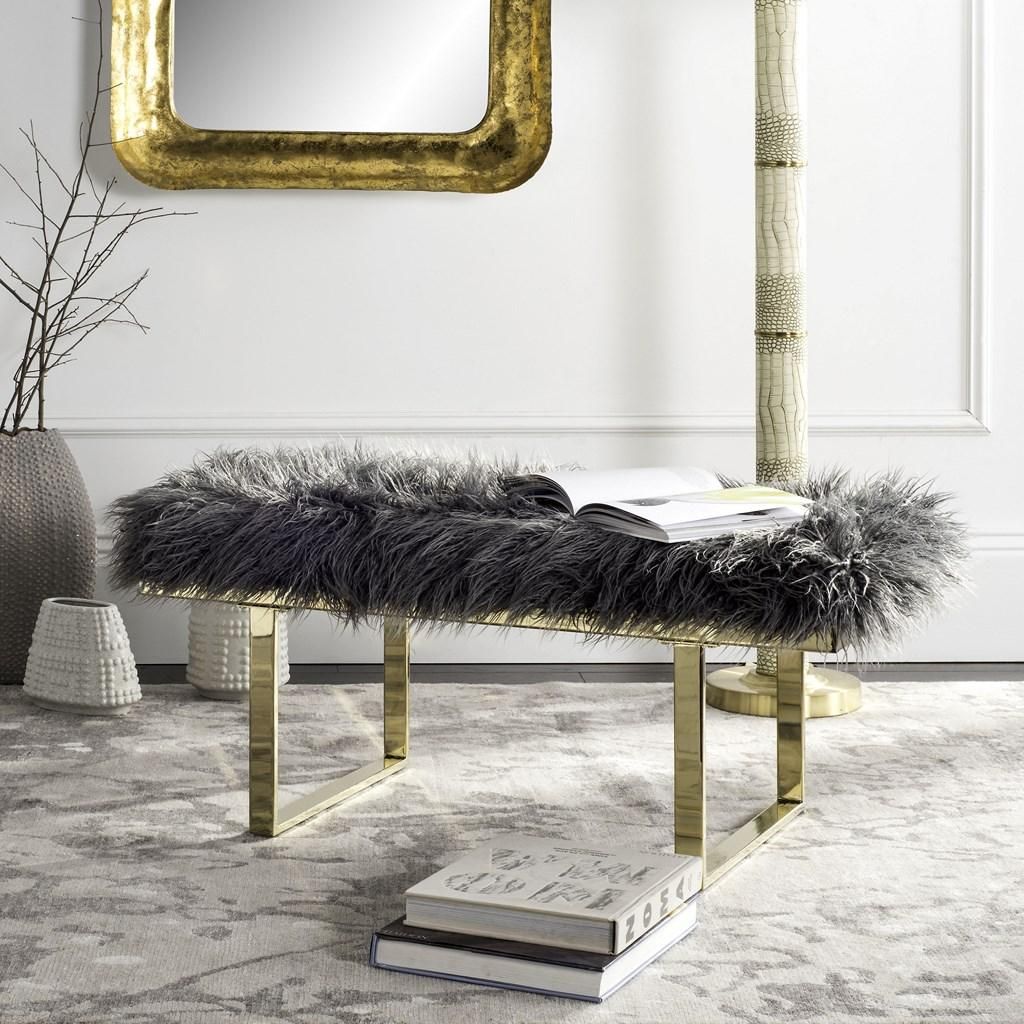 FAUX Sheepskin Bench, Grey/Brass