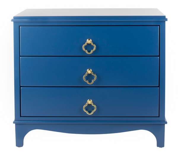 Hannon 3 Drawer Contemporary Nightstand, 32" X 28", Navy/Brass