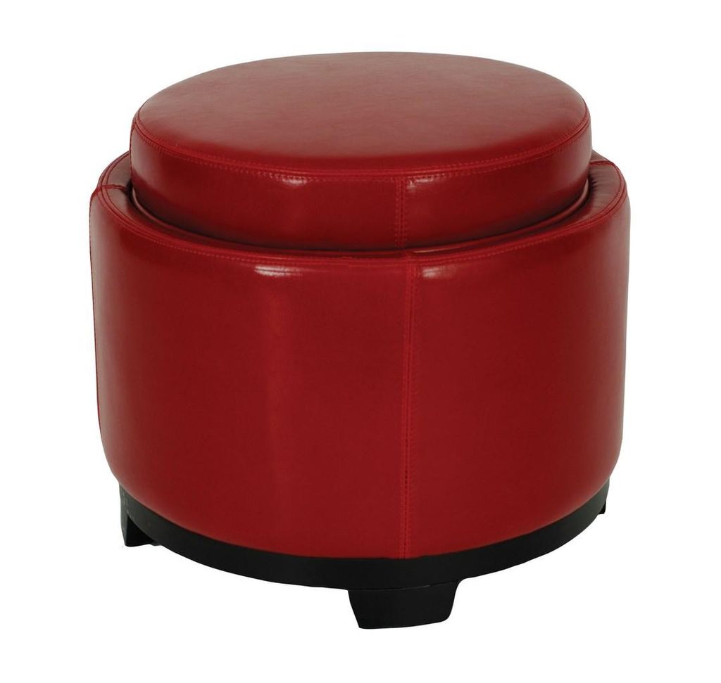 Round Storage Tray Ottoman, 19" X 17", Red