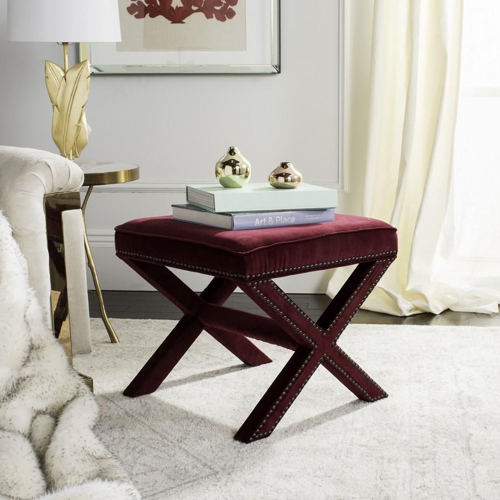 Palmer Ottoman - Brass Nail Heads, 21.5" X 19", Red Velvet