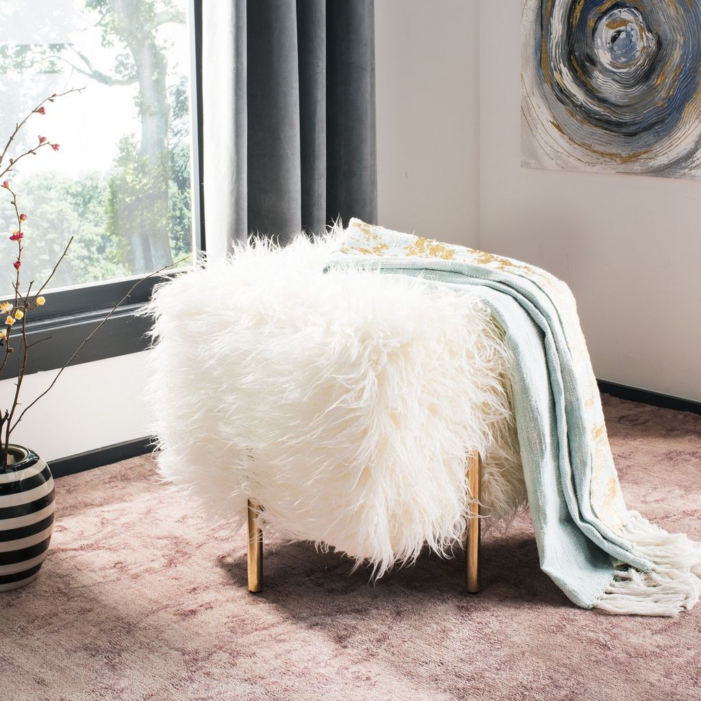 Momina Faux Fur Square Ottoman, 20.5" X 18.75"