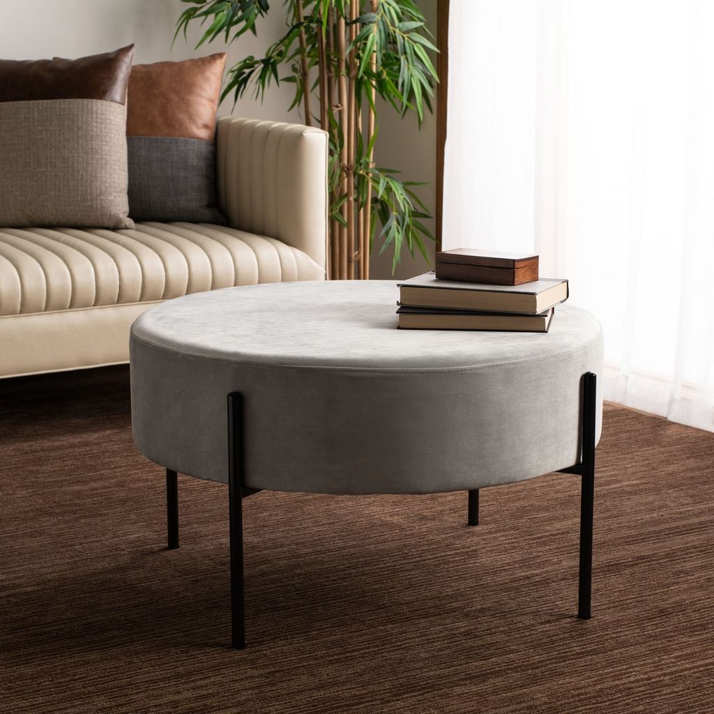 Lisbon Round Cocktail Ottoman, 31.5" X 18", Grey/Black