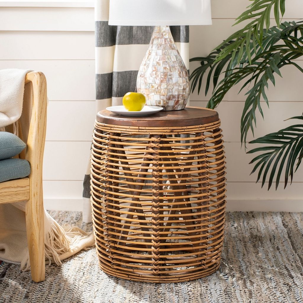 Maui Rattan Drum Stool Table, 17.72" X 18.9", Honey Brwn Wash