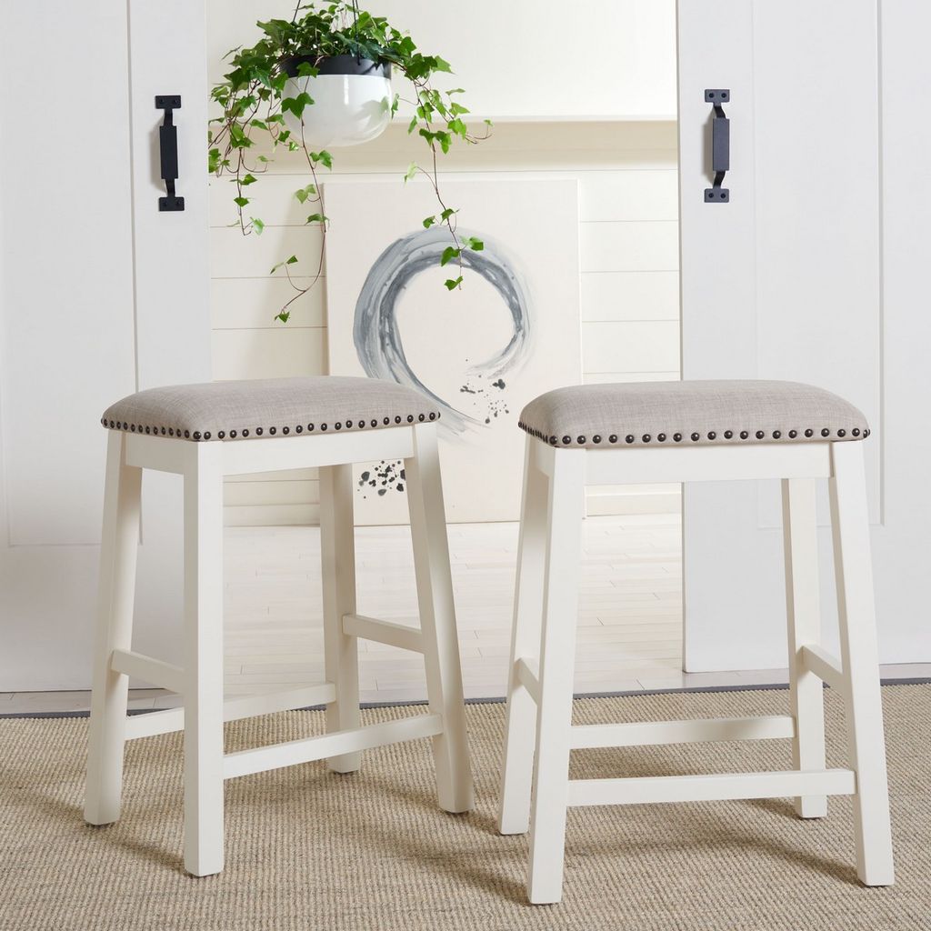 Backless Counter Stool White Rubberwood Frame + Neutral Fabric with Nailheads  (Set of 2)
