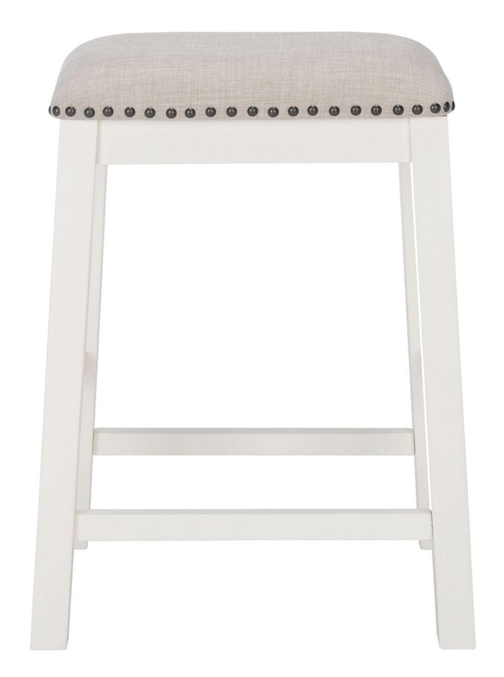 Backless Counter Stool White Rubberwood Frame + Neutral Fabric with Nailheads  (Set of 2)