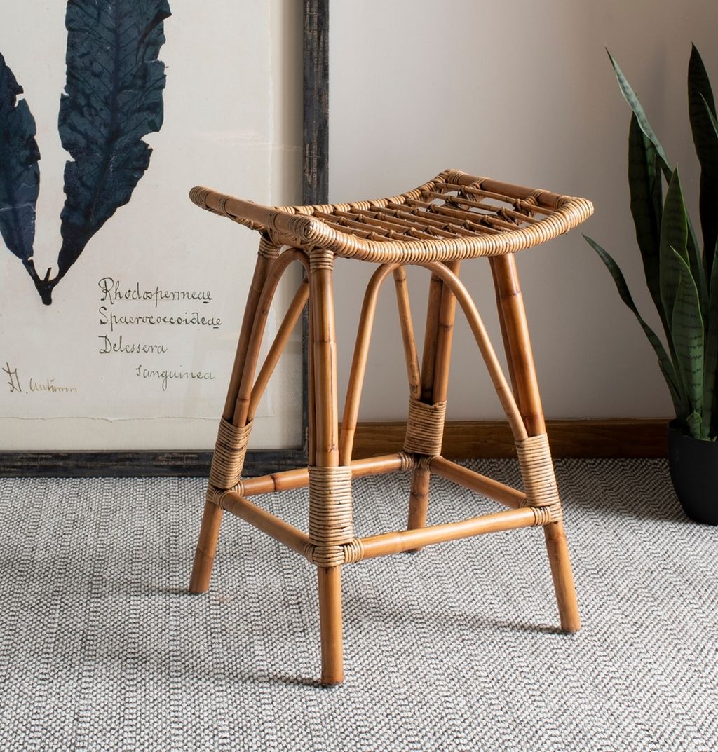 Backless Rattan Counter Stool Honey Brown Mindi Wood