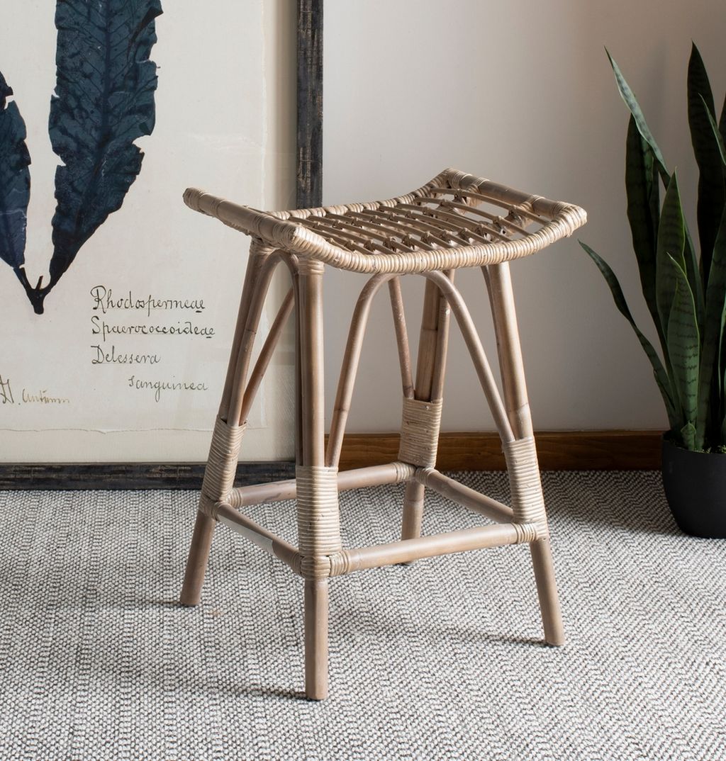 Backless Rattan Counter Stool White Wash Natural Mindi Wood