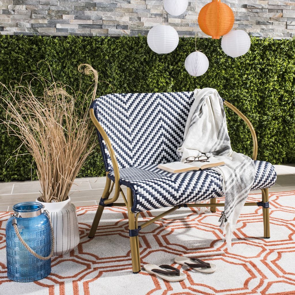 Dandra Herringbone Rattan Settee, 38.5" X 33.5", Navy/White