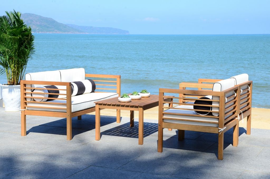 Preview image for Alda 4 Pcs Outdoor Set With Accent Pillows, Bench: 51.2 Armchair: 27.5 Table: 29.4" X Bench: 25.5 Armchair: 25.5 Table: 16.9", Natural/Black/White