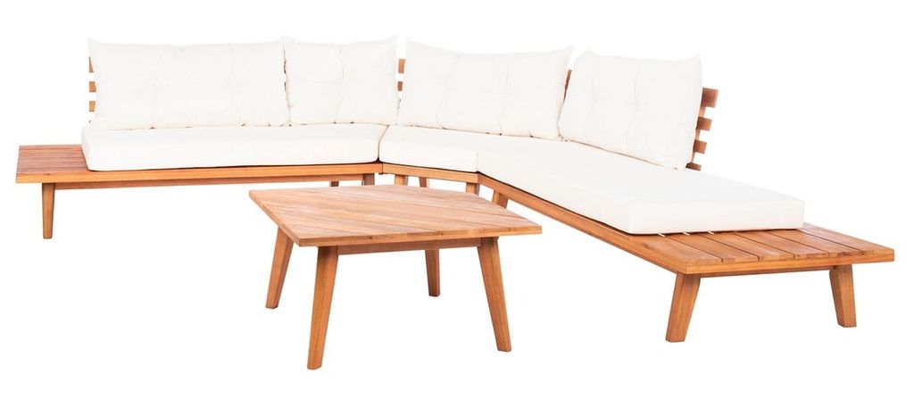 Lansen 4 Pcs Corner Living Set, Table: 27.6 Side Long Bench: 71.1 Corner Chair: 41.7" X Table: 28.7  Side Long Bench: 26.8 Coner Chair: 26.8", Natural/Beige Cushion