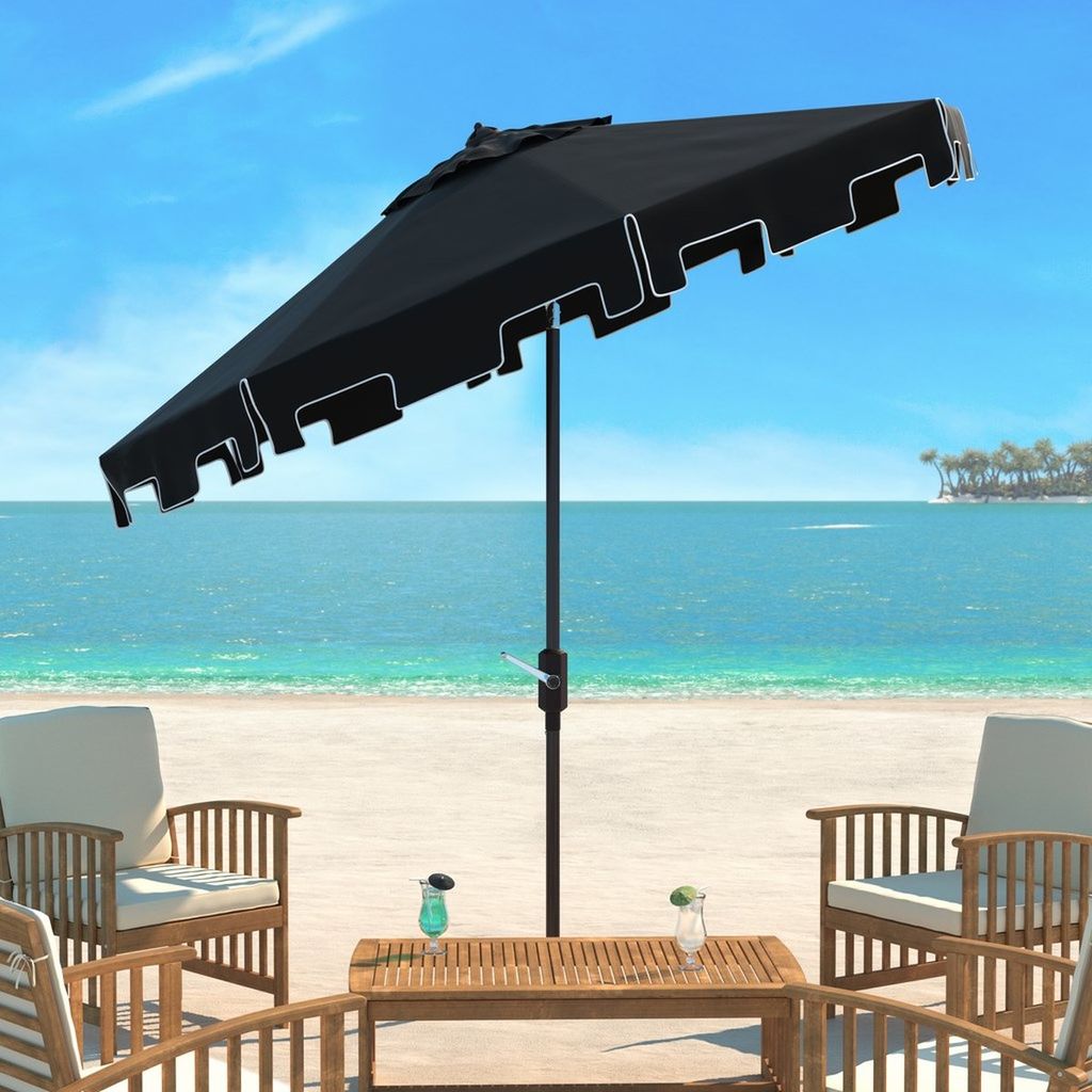Uv Resistant Zimmerman 9Ft Crank Market Push Button Tilt Umbrella With Flap, Open:100.79, Close:6.1" X Open: 98.82", Close: 98.82", Black/White