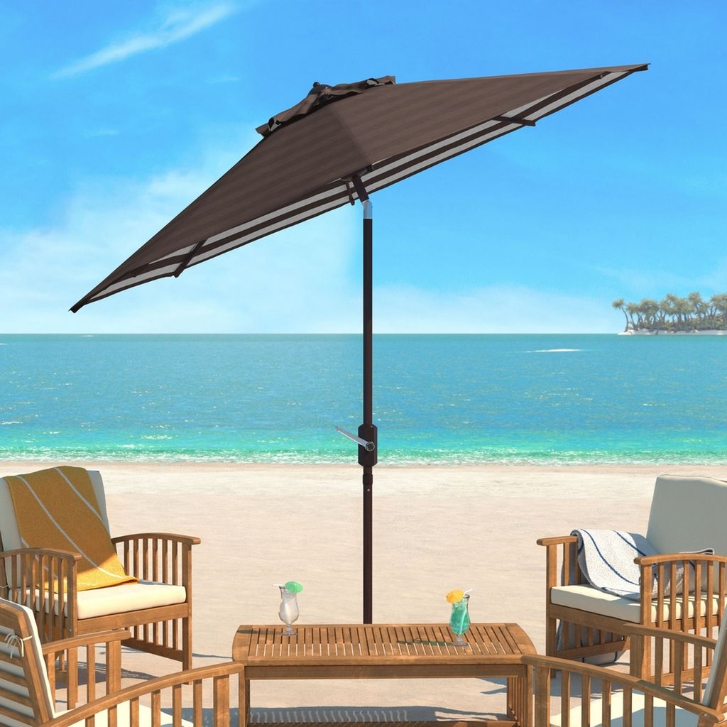 Inside Out Striped 9Ft Crank Outdoor Auto Tilt Umbrella, Open:100.79, Close:6.1" X Open: 98.82", Close: 98.82", Brown/White