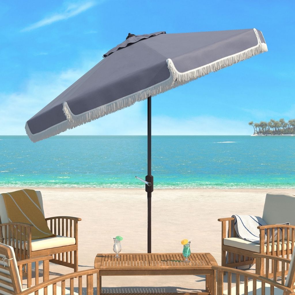 Milan Fringe 9Ft Crank Outdoor Push Button Tilt Umbrella, Open:100.79, Close:6.1" X Open: 98.82", Close: 98.82", Grey/White