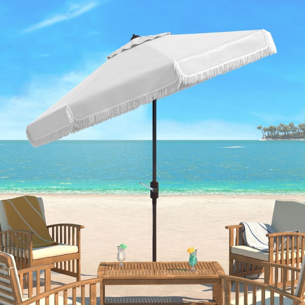 Milan Fringe 9Ft Crank Outdoor Push Button Tilt Umbrella, Open:100.79, Close:6.1" X Open: 98.82", Close: 98.82", White