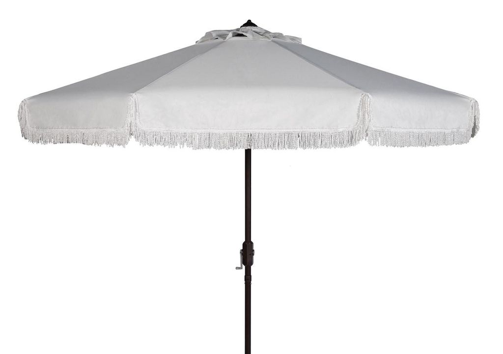 Milan Fringe 9Ft Crank Outdoor Push Button Tilt Umbrella, Open:100.79, Close:6.1" X Open: 98.82", Close: 98.82", White