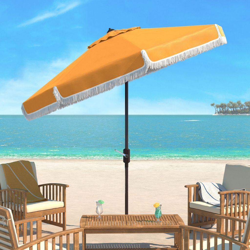 Milan Fringe 9Ft Crank Outdoor Push Button Tilt Umbrella, Open:100.79, Close:6.1" X Open: 98.82", Close: 98.82", Yellow/White Trim