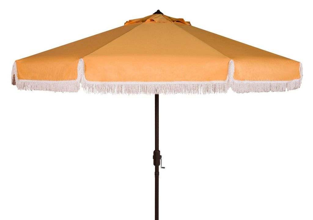 Preview image for Milan Fringe 9Ft Crank Outdoor Push Button Tilt Umbrella, Open:100.79, Close:6.1" X Open: 98.82", Close: 98.82", Yellow/White Trim
