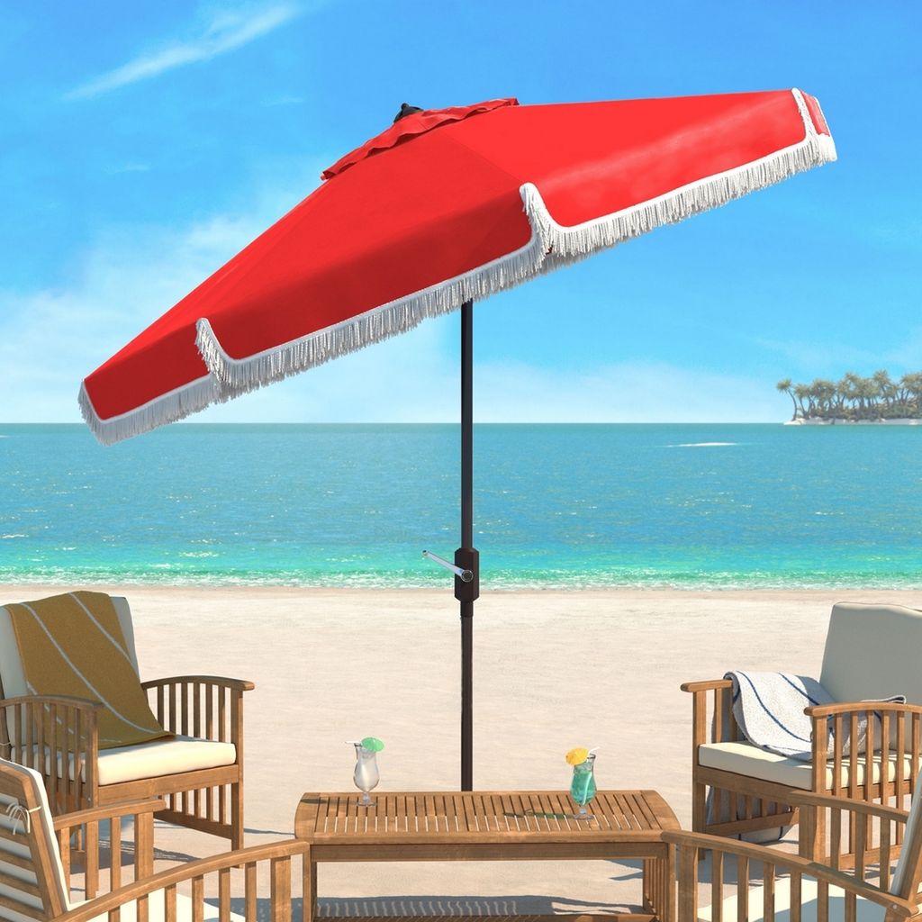 Milan Fringe 9Ft Crank Outdoor Push Button Tilt Umbrella, Open:100.79, Close:6.1" X Open: 98.82", Close: 98.82", Red/White
