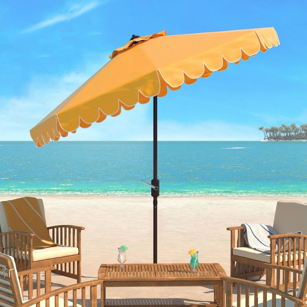 Single Scallop 9Ft Crank Outdoor Push Button Tilt Umbrella, Open:100.79, Close:6.1" X Open: 98.82", Close: 98.82", Yellow/White